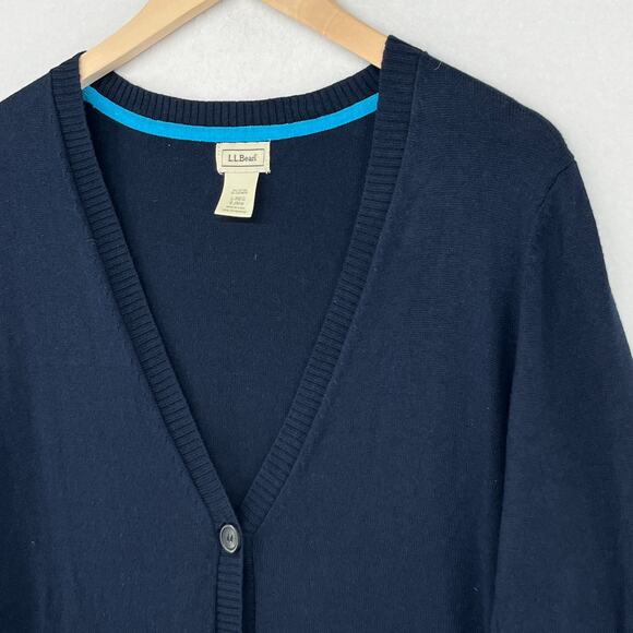 LL BEAN Sweater Womens L Cotton Cashmere Button Front Jumper Cardigan Blue - Picture 7 of 14